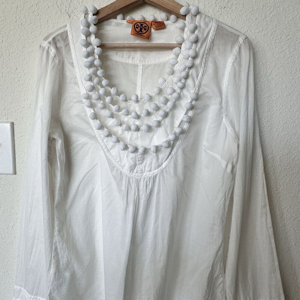 Tory Burch White blouse Cotton Pomp Pomp Long Sleeves 12 - Picture 10 of 12
